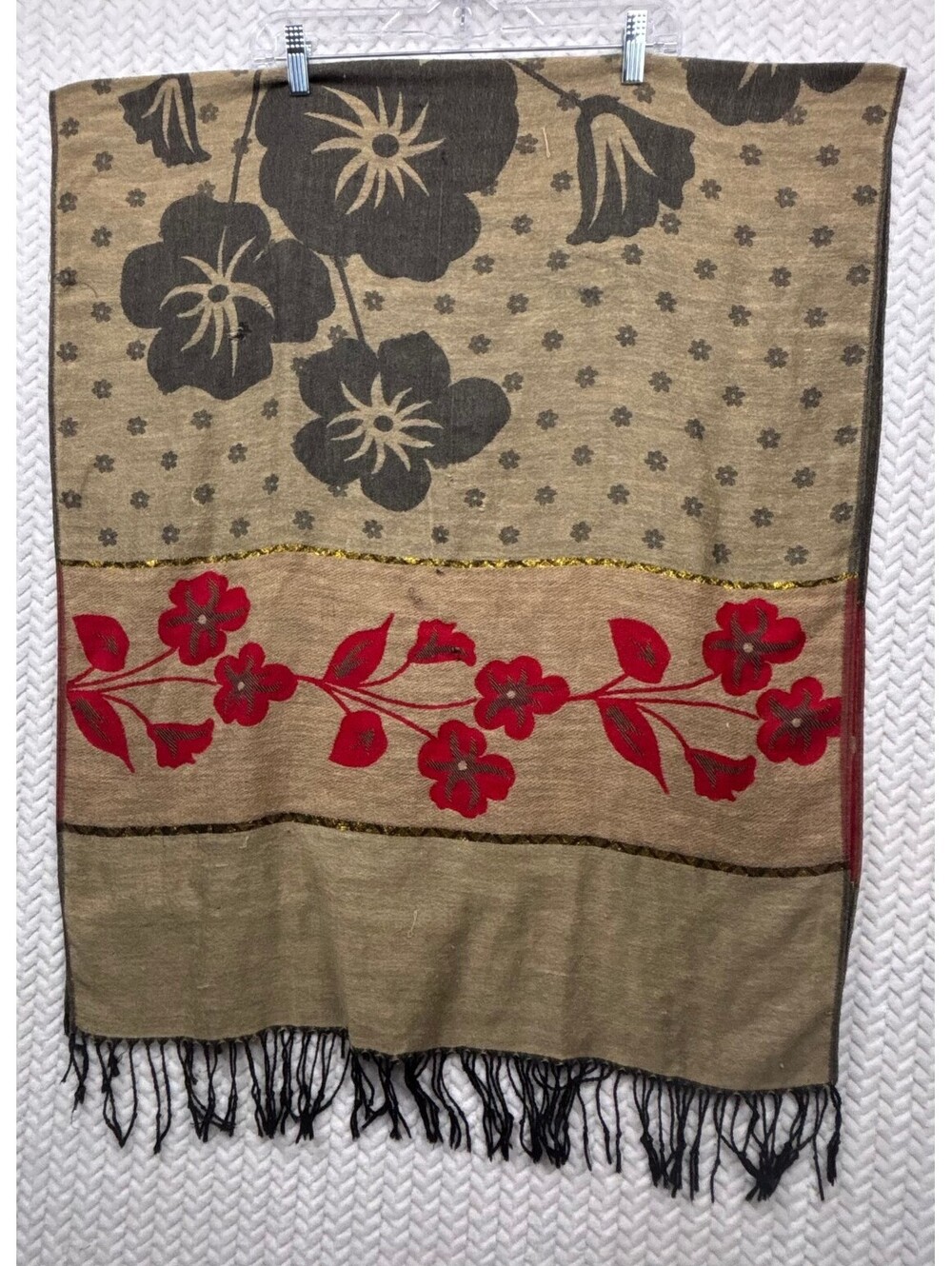 Reversible Floral Pattern Wool Shawl Wrap with Fringe